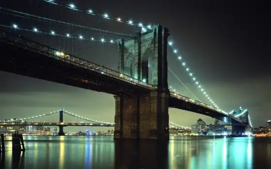 мост, бруклин, огни, ночь, город, new, york, manhattan, метров, 