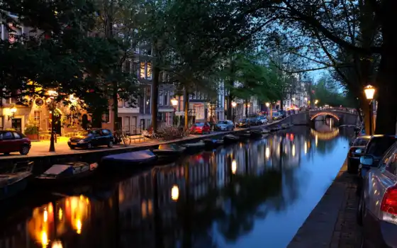 amsterdam, holland, дома, амстердама, города, мост, канал, ночь, машины, город, 