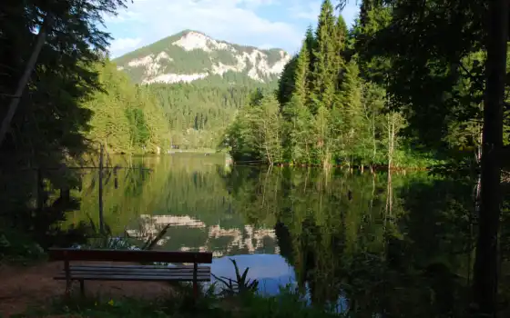 озеро, скамейка, горы, отражение, лес, 