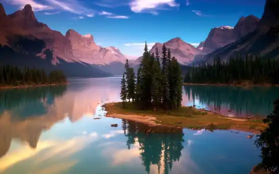 озеро, горы, природа, деревя, остров, лес, 