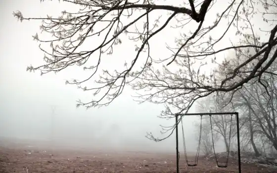качели, туман, зима, картинка, 