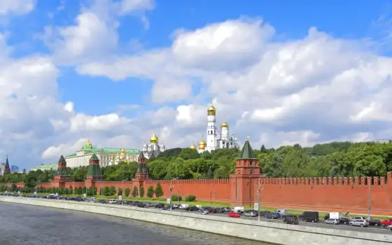 кремль, москва, река, красная, панорама, 