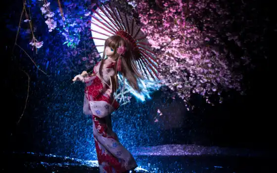 doll, зонтик, japanese, кимоно, девушка, Сакура, ночь, baby, art, дождь