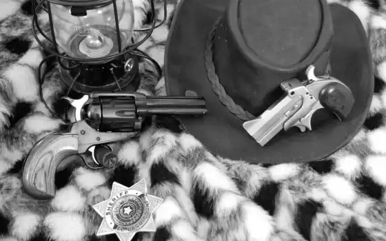 оружие, пистолеты, револьвер, однозарядный, звезда, шериф, фонарь, шкура, шшляпа, черно-белый