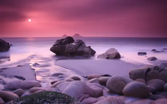 закат, вид, море, высоком, разных, фиолетовое, камни, 