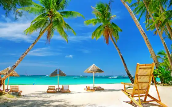 море, пляж, песок, пальмы, отдых, зонтики, 