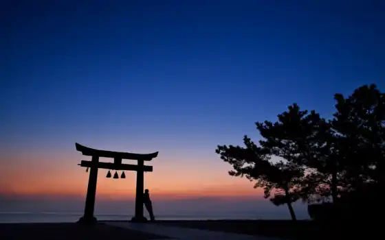 оранжевый, синее, вечер, закат, япония, небо, деревья, архитектура, силуэт, человек, арка, 