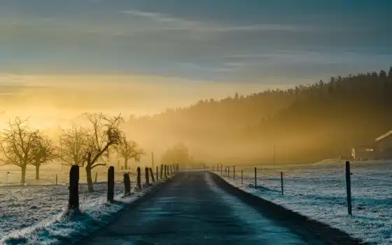 туман, дорога, природа, иний, утро, картинка, иней, рассвете, 