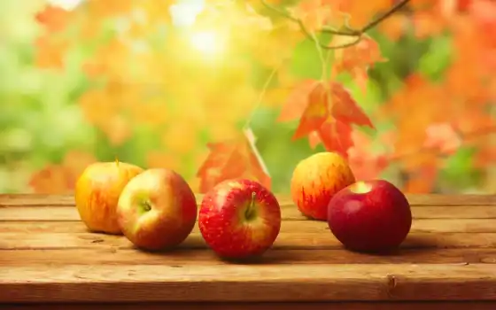 осень, яблоки, фрукты, листва, 