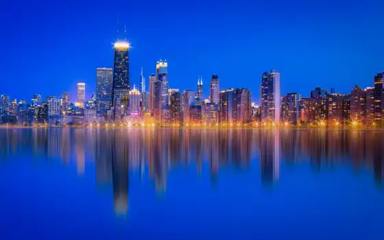 commercial, озеро, michigan, chicago, небоскрёб, отражение