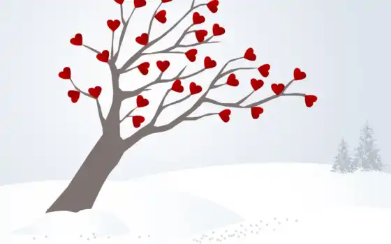 ,дерево, сердца,зима,рисунок,