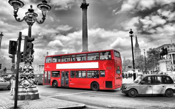 лондон, чёрно, белое, фотообои, автобус, англия, город, черное, красное,