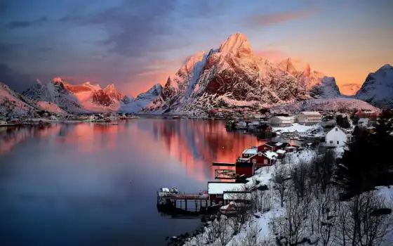 зима, горнолыжный, норвежский, ретро, пейзаж, лист