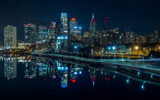 филадельфия, город, ночь, изображение, огни, строение, США, небоскреб, река