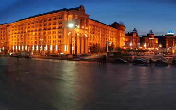 киев, город, вечер, дома, огни, улица, машины, панорама, площадь, ночь, движение, 