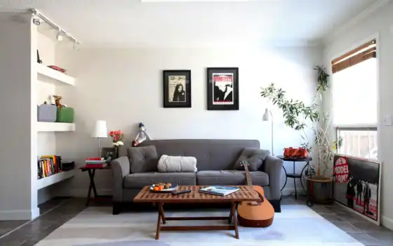 диван, дизайн, комната, интерьер, стиль, мебель, гитара, 