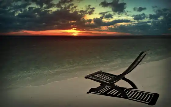 природа, закат, пляж, море, кресло, шезлонг, 