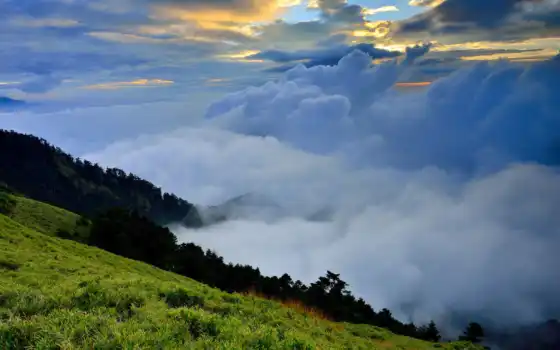 облака, холмы, трава, зелень, природа, туман, картинка, ъцѕ, фваъ, 