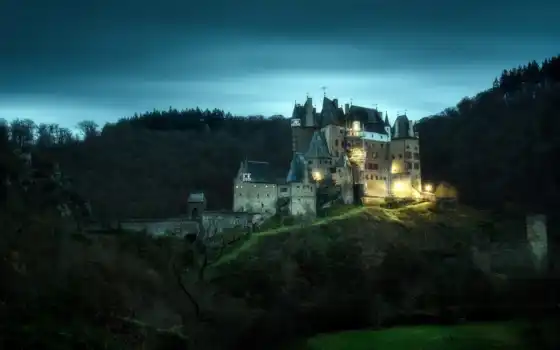 castle, elc, германия, germanii, природа, лес, ночь, dimension, dark, hill