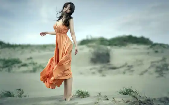 оранжевый, платье, азиатка, женщина
