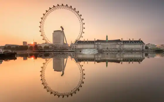 лондон, река, обозрение, колесо, город, глаз, вода, море, архитектура, закат, англия