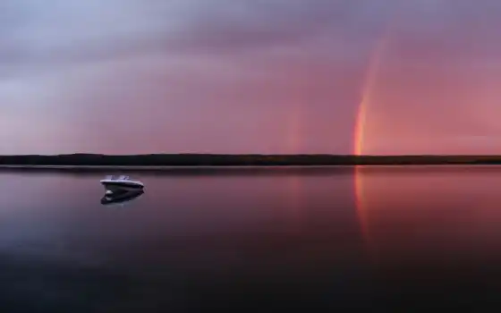 закат, радуга, озеро