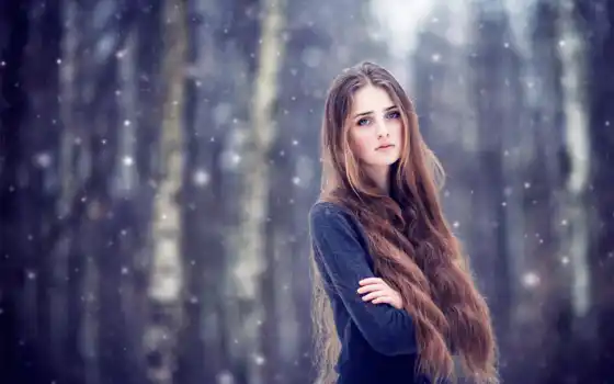 девушка, волосы, long, rusyi, взгляд, грустный, снег, лежать, браун, winter, день