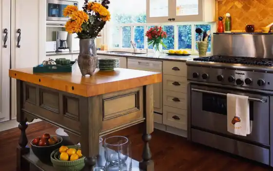 посуда, кухня, интерьер, стиль, плита, кухни, цветы, 