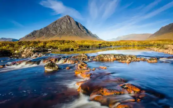 природа, шотландия, река, небо, гора, скалы, 
