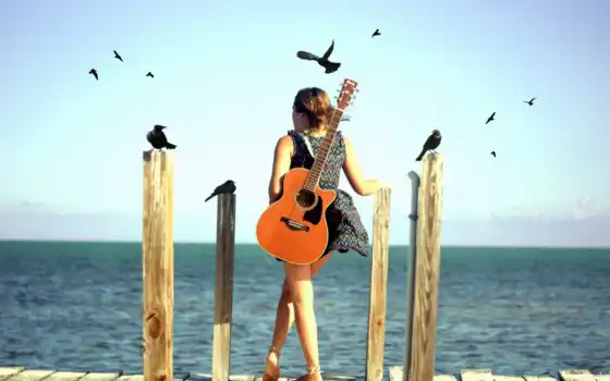девушка, гитара, настроение, птицы, море, 