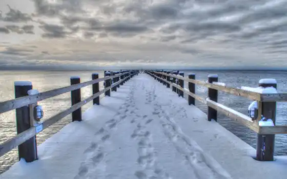 зима, мост, взгляд, пейзаж, море,