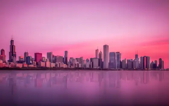 chicago, закат, горизонт, отражение, зеркало, озеро, ночь, огонь, город, michigan