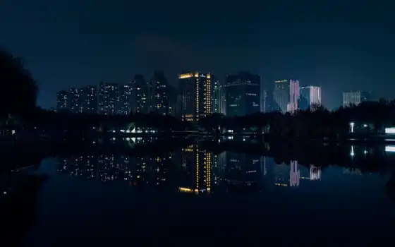 город, ночь, панорама, building, река, отражение, water, во