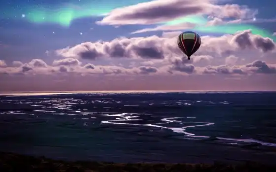 воздушный шар, океан, воздух, северный, сияние, небо, разрешение, конкурс