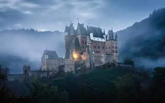 castle, burg, германия, wierschem, landscape, европа, castillo, bosque, alemania, nube, rbole