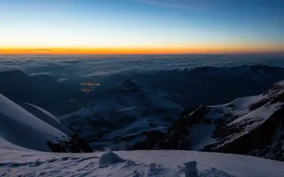 швейцарский, альпийский, бернский, снег, гора, желтый, долина, горизонт, пейзаж, юнгфрауйох