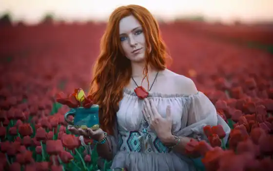 цветы, поле, модель, девушка, red