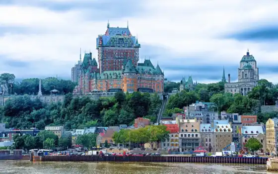 frontenac, chateau, quebec, канада, канадский, река, castle, landscape, 