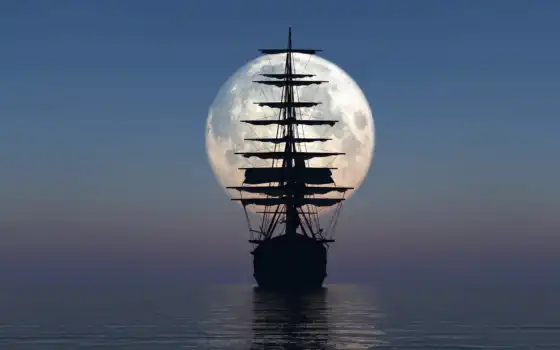 корабль, море, луна, небо, паруса, ночь, 