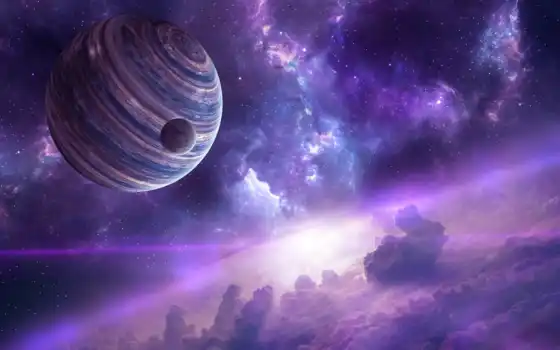 фиолетовый, синий, космос, планета, звезды