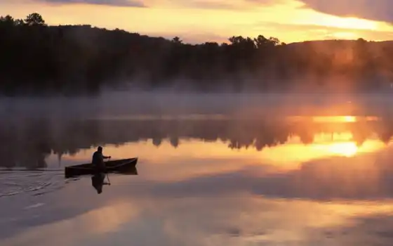 озеро, мужчина, лодка, горы, туман, утро, 