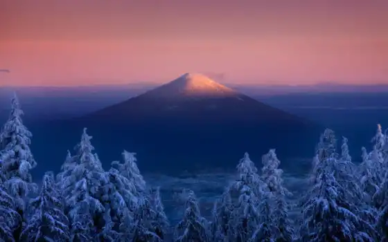 гора, зима, орегон, гора, передний край, снег, заснеженный, пейзаж, природа, закат