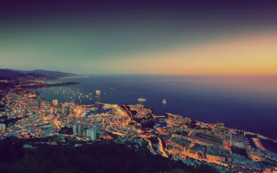монако, город, закат, ночь, городской пейзаж
