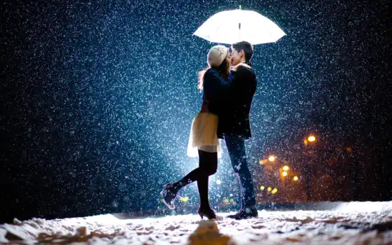 он и она, поцелуй, снегопад, снег, зонт