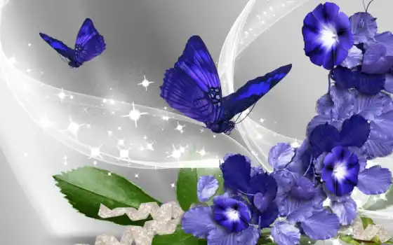 цветы, бабочка, фиолетовый, синий, муха
