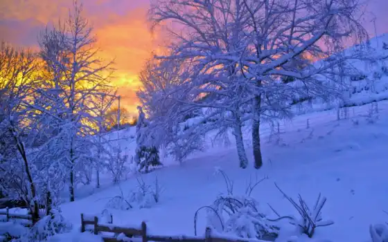 природа, landscape, снег, winter, sun, rising, гора