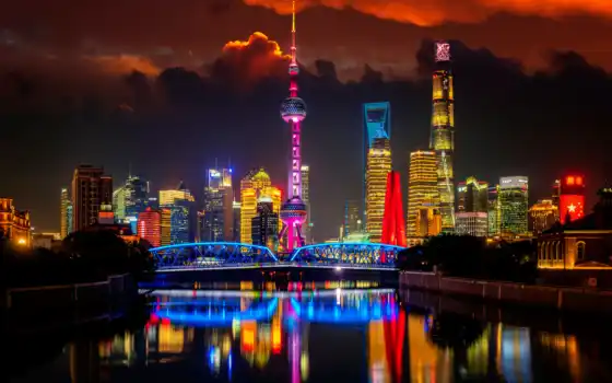 город, ночь, landscape, река, urban, shanghai, китаянка, china, башня, building