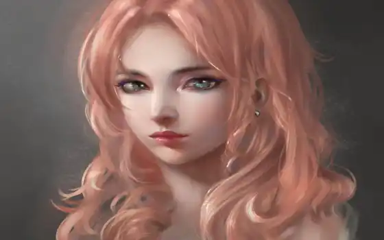 девушка, волосы, portrait, art, арта, розовый, fantasy, характер, женский