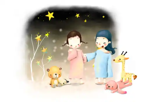 нарисованные, дети, девочки, игрушки, босиком, звезды, деревья, ночь