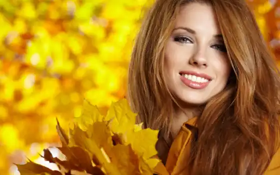 девушка, улыбка, шатенка, листья, смотреть, осень, 